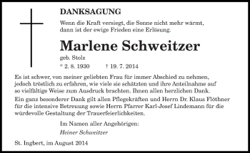 Todesanzeige von Marlene Schweitzer von saarbruecker_zeitung