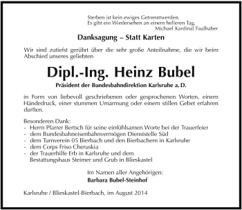 Todesanzeige von Heinz Bubel von saarbruecker_zeitung