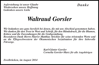 Todesanzeige von Waltraud Gorsler von saarbruecker_zeitung