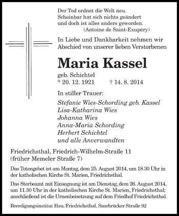 Todesanzeige von Maria Kassel von saarbruecker_zeitung