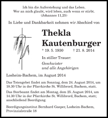 Todesanzeige von Thekla Kautenburger von saarbruecker_zeitung
