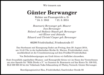 Todesanzeige von Günter Berwanger von saarbruecker_zeitung
