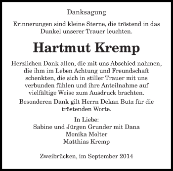 Todesanzeige von Hartmut Kremp von saarbruecker_zeitung