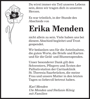 Todesanzeige von Erika Menden von SAARBRÜCKER ZEITUNG