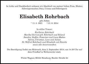 Todesanzeige von Elisabeth Rohrbach von saarbruecker_zeitung