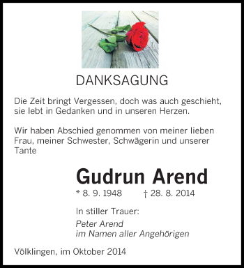 Todesanzeige von Gudrun Arend von saarbruecker_zeitung