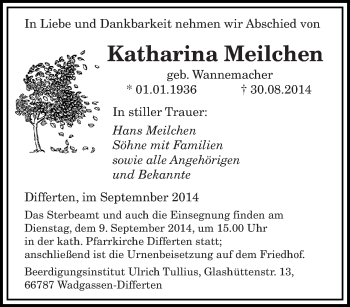 Todesanzeige von Katharina Meilchen von saarbruecker_zeitung