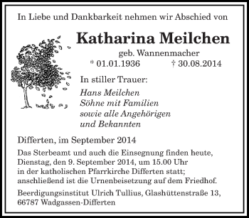 Todesanzeige von Katharina Meilchen von saarbruecker_zeitung