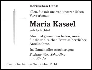 Todesanzeige von Maria Kassel von saarbruecker_zeitung