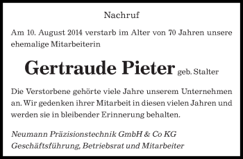 Todesanzeige von Gertraude Pieter von saarbruecker_zeitung