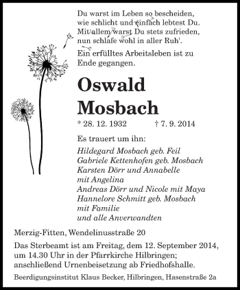 Todesanzeige von Oswald Mosbach von saarbruecker_zeitung