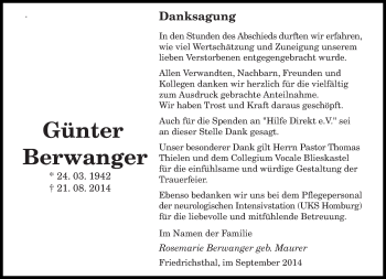 Todesanzeige von Günter Berwanger von saarbruecker_zeitung