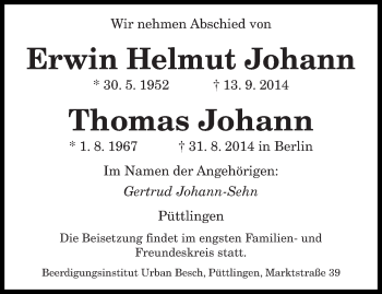 Todesanzeige von Erwin Helmut und Thomas Johann von saarbruecker_zeitung