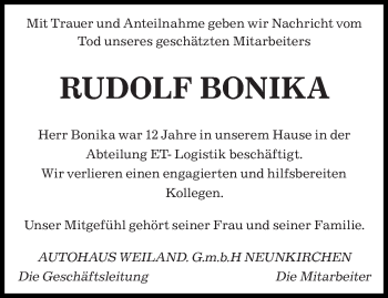 Todesanzeige von Rudolf Bonika von saarbruecker_zeitung
