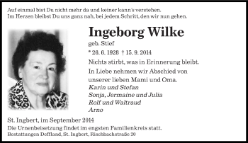 Todesanzeige von Ingeborg Wilke von saarbruecker_zeitung