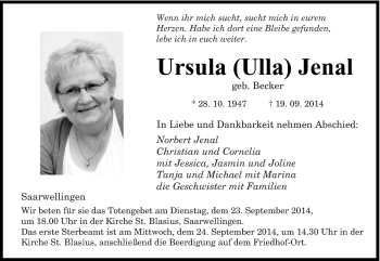 Todesanzeige von Ursula Jenal von saarbruecker_zeitung