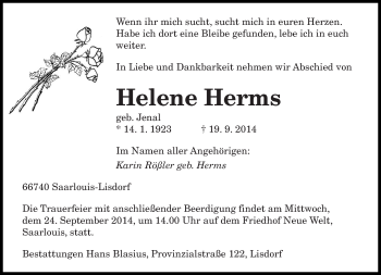 Todesanzeige von Helene Herms von saarbruecker_zeitung