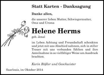 Todesanzeige von Helene Herms von saarbruecker_zeitung