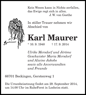 Todesanzeige von Margarete Brüne von saarbruecker_zeitung