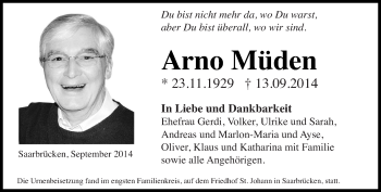Todesanzeige von Arno Müden von saarbruecker_zeitung