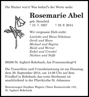Todesanzeige von Rosemarie Abel von saarbruecker_zeitung