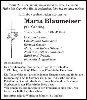 Todesanzeige von Maria Blaumeiser von saarbruecker_zeitung