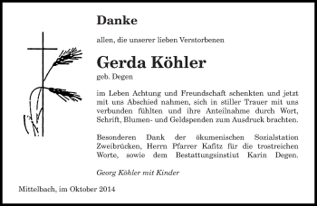 Todesanzeige von Gerda Köhler von saarbruecker_zeitung