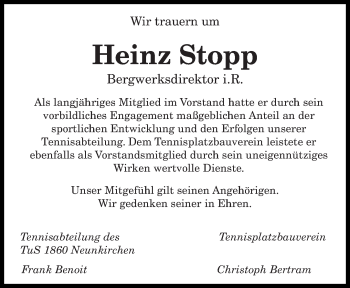 Todesanzeige von Heinz Stopp von saarbruecker_zeitung