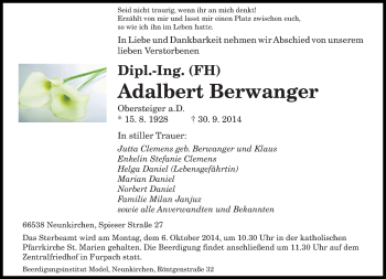 Todesanzeige von Adalbert Berwanger von saarbruecker_zeitung