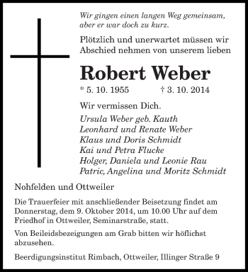 Todesanzeige von Robert Weber von saarbruecker_zeitung