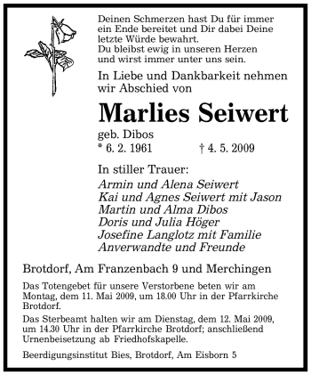 Todesanzeige von Marlies Seiwert von SAARBRÜCKER ZEITUNG