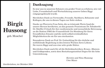 Todesanzeige von Birgit Hussong von saarbruecker_zeitung