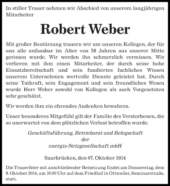 Todesanzeige von Robert Weber von saarbruecker_zeitung