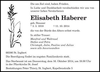 Todesanzeige von Elisabeth Haberer von saarbruecker_zeitung