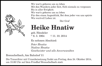 Todesanzeige von Heike Hnatiw von saarbruecker_zeitung