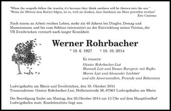 Todesanzeige von Werner Rohrbacher von saarbruecker_zeitung