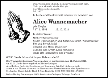 Todesanzeige von Alice Wannemacher von saarbruecker_zeitung