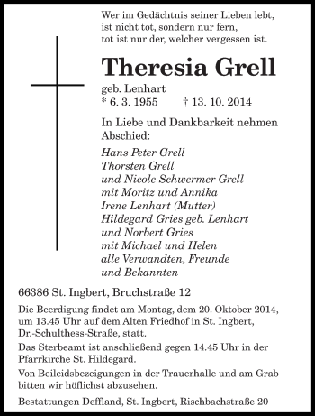 Todesanzeige von Theresia Grell von saarbruecker_zeitung