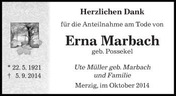 Todesanzeige von Erna Marbach von saarbruecker_zeitung
