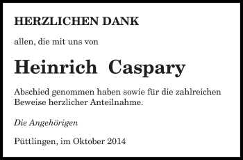 Todesanzeige von Heinrich Caspary von saarbruecker_zeitung