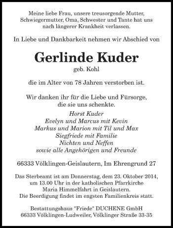 Todesanzeige von Gerlinde Kuder von saarbruecker_zeitung