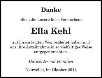 Todesanzeige von Ella Kehl von saarbruecker_zeitung