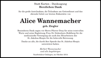 Todesanzeige von Alice Wannemacher von saarbruecker_zeitung