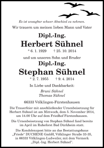 Todesanzeige von Herbert und Stephan Sühnel von saarbruecker_zeitung