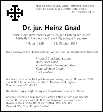 Todesanzeige von Heinz Gnad von saarbruecker_zeitung