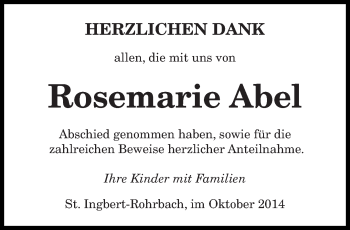 Todesanzeige von Rosemarie Abel von saarbruecker_zeitung