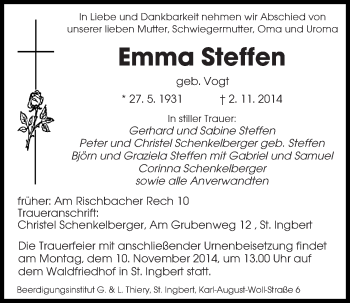 Todesanzeige von Emma Steffen von saarbruecker_zeitung
