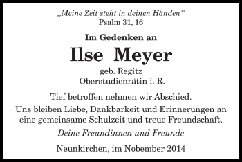 Todesanzeige von Ilse Meyer von saarbruecker_zeitung