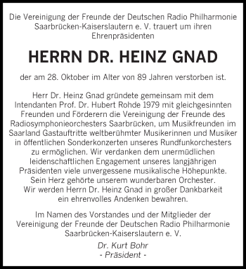 Todesanzeige von Heinz Gnad von saarbruecker_zeitung