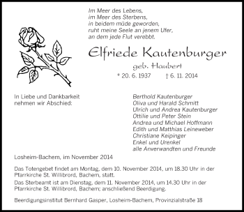 Todesanzeige von Elfriede Kautenburger von saarbruecker_zeitung